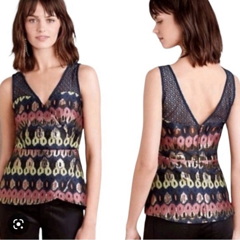 Anthropologie HD in Paris Yana Jacquard Peplum Top Blue Metallic Size US 10